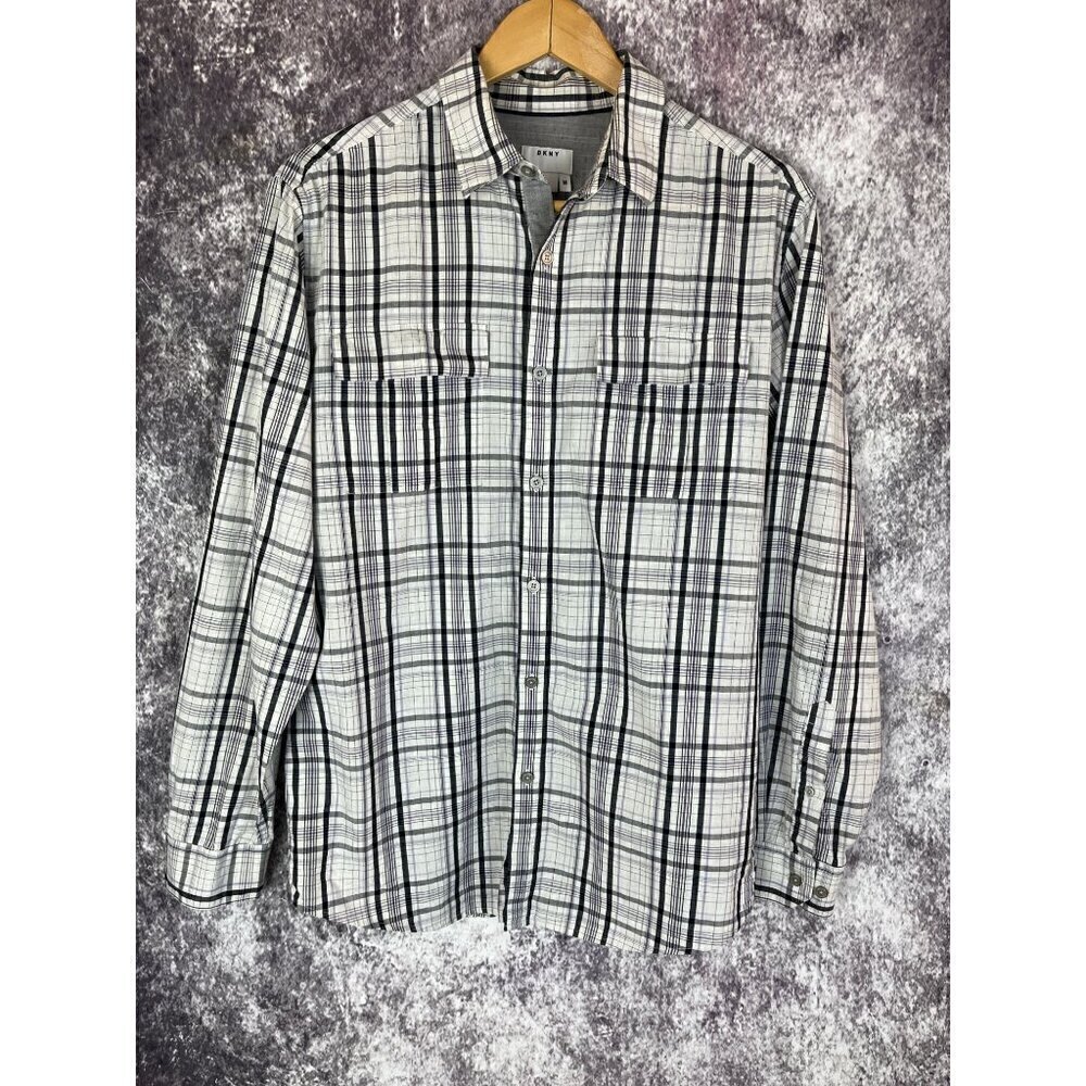 DKNY Black white Purple Plaid button Down Dress Shirt Mens Medium